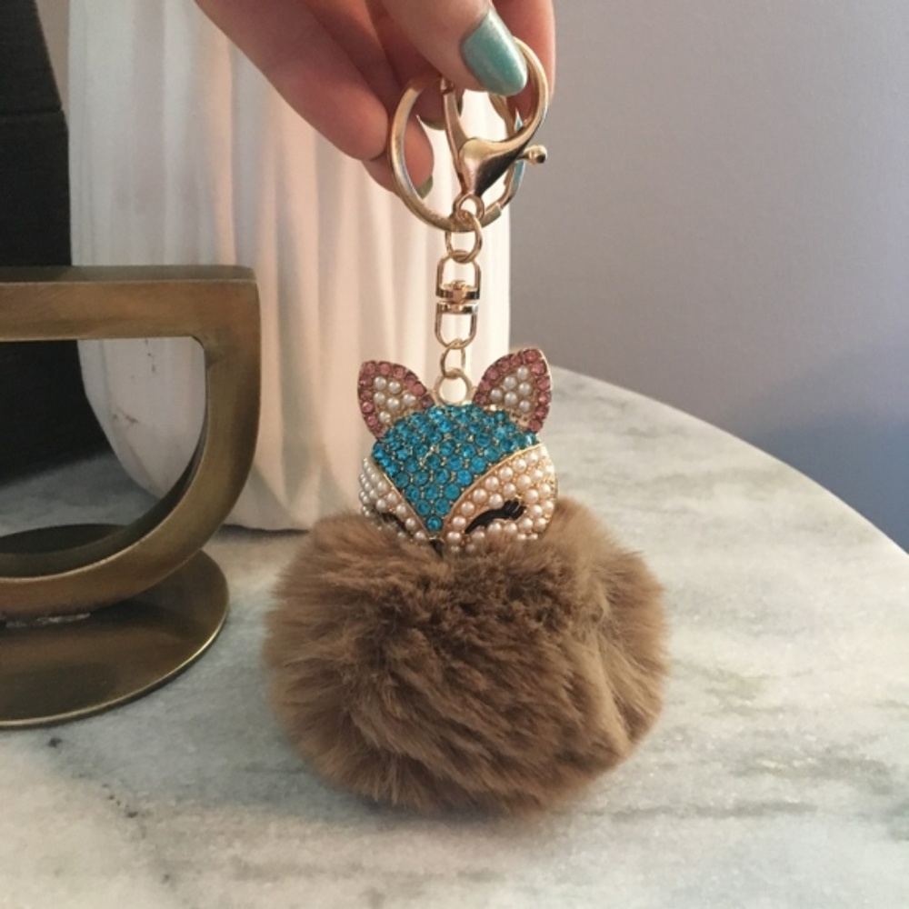 Rhinestone Fox Furry Pom Pom Pearl Keychain Purse - Picture 3 of 4